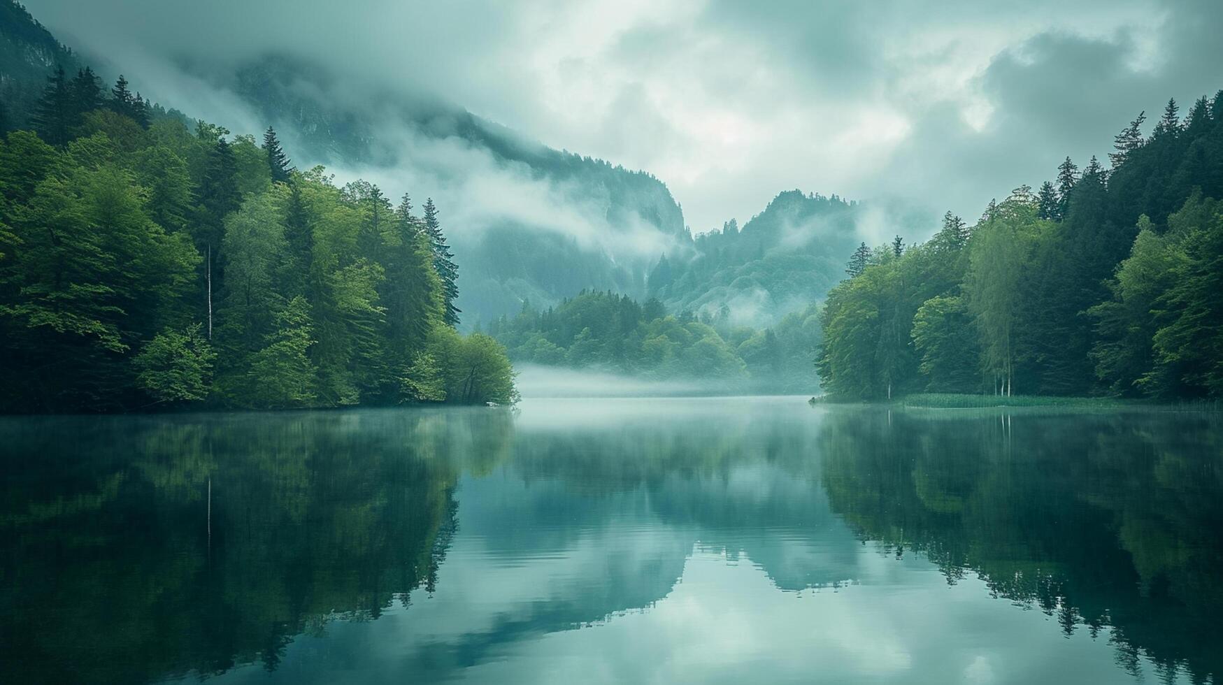 ai generado tranquilo lago rodeado por denso bosque con brumoso montañas en el antecedentes. el agua en el lago es aún, reflejando el rodeando paisaje me gusta espejo ai generado foto