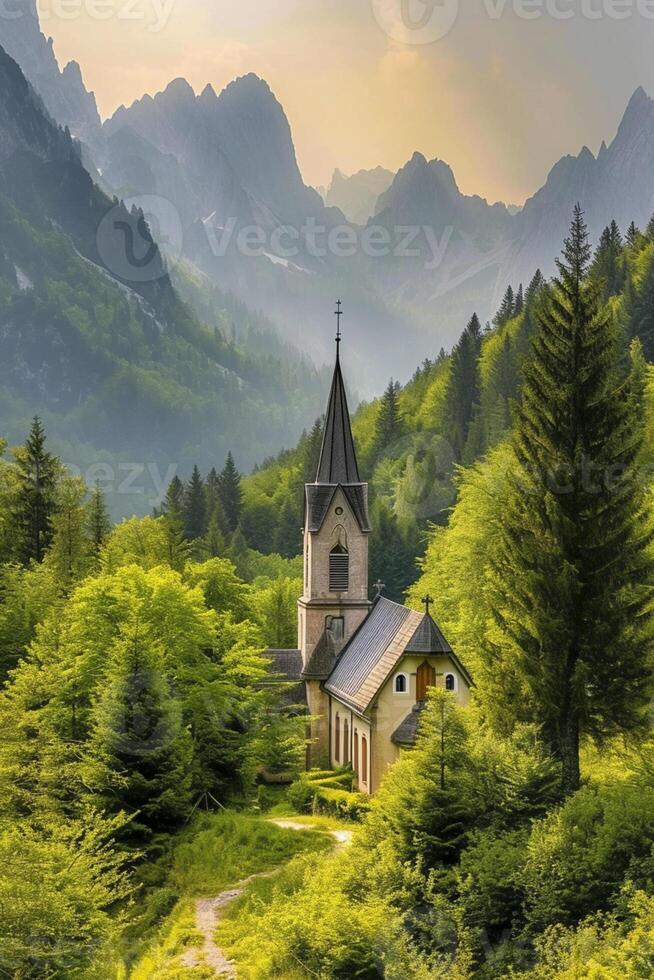 ai generado sereno pacífico ambiente pequeño Iglesia anidado en medio de lozano verdor y imponente montañas ai generado foto