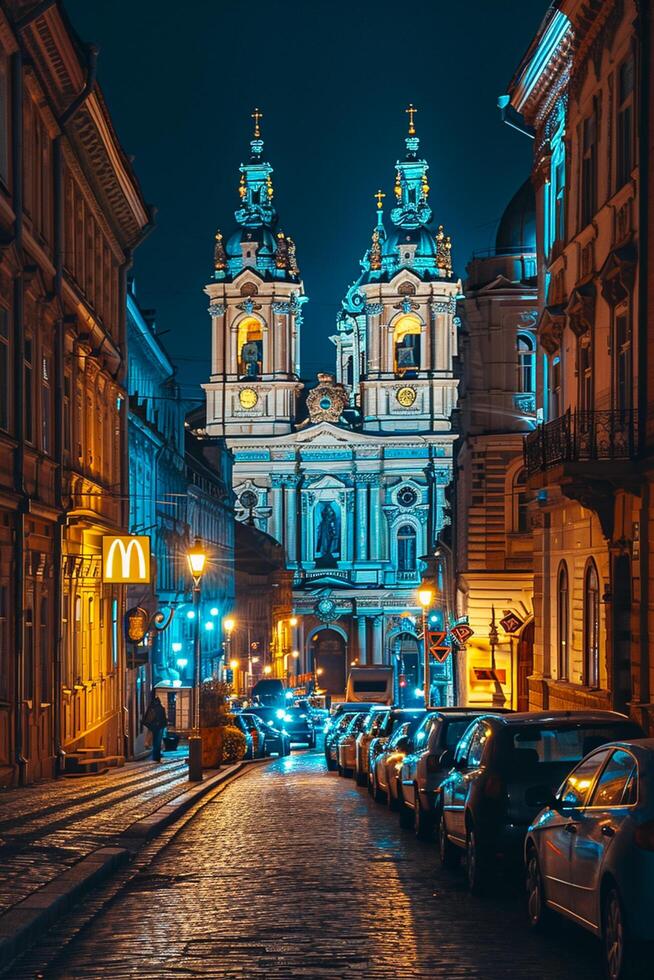 AI generated image of beautifully illuminated baroque style church, nestled between classic architectural buildings on cobblestone street at night Ai Generated photo