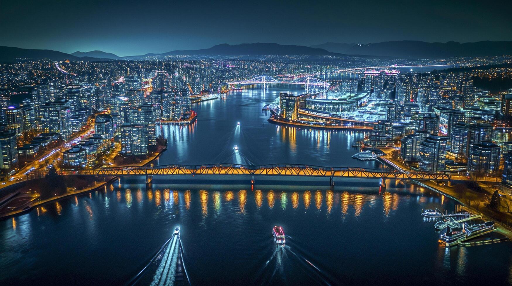 ai generado aéreo noche ver de un paisaje urbano rodeado por agua ai generado foto