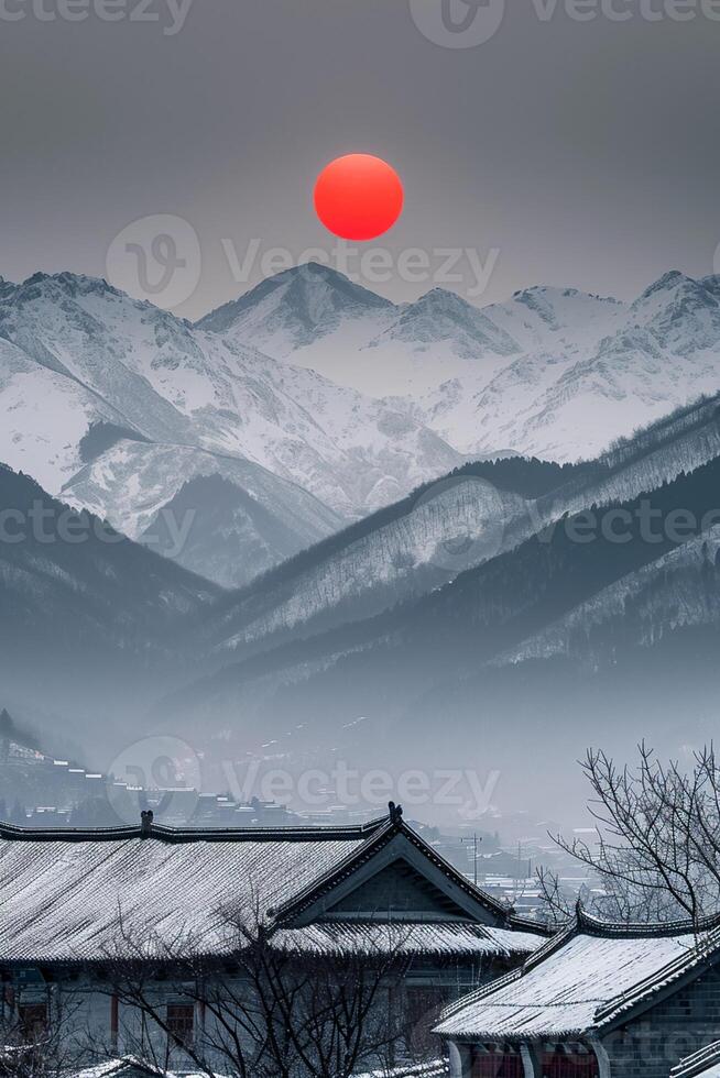 AI generated Snowy mountains surrounded by symmetry, in the center is black and red suns from the evening. Minimalist Chinese classical style Ai Generated photo