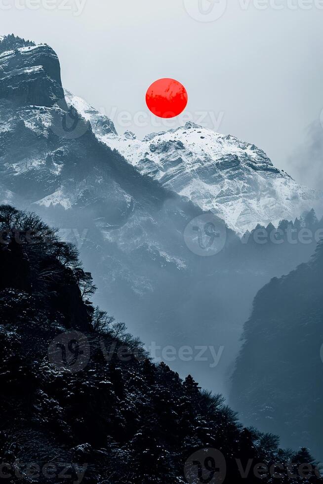 AI generated Snowy mountains surrounded by symmetry, in the center is black and red suns from the evening. Minimalist Chinese classical style Ai Generated photo