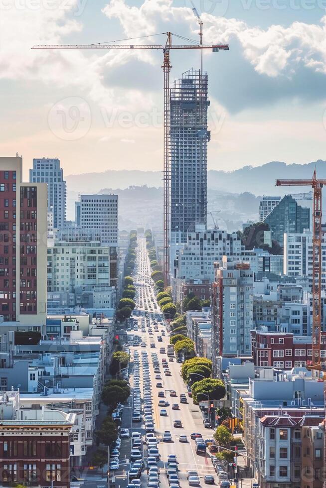 AI generated Photo of cityscape with street filled with moving cars. Buildings of different heights and designs flank both sides of the street. Ai Generated