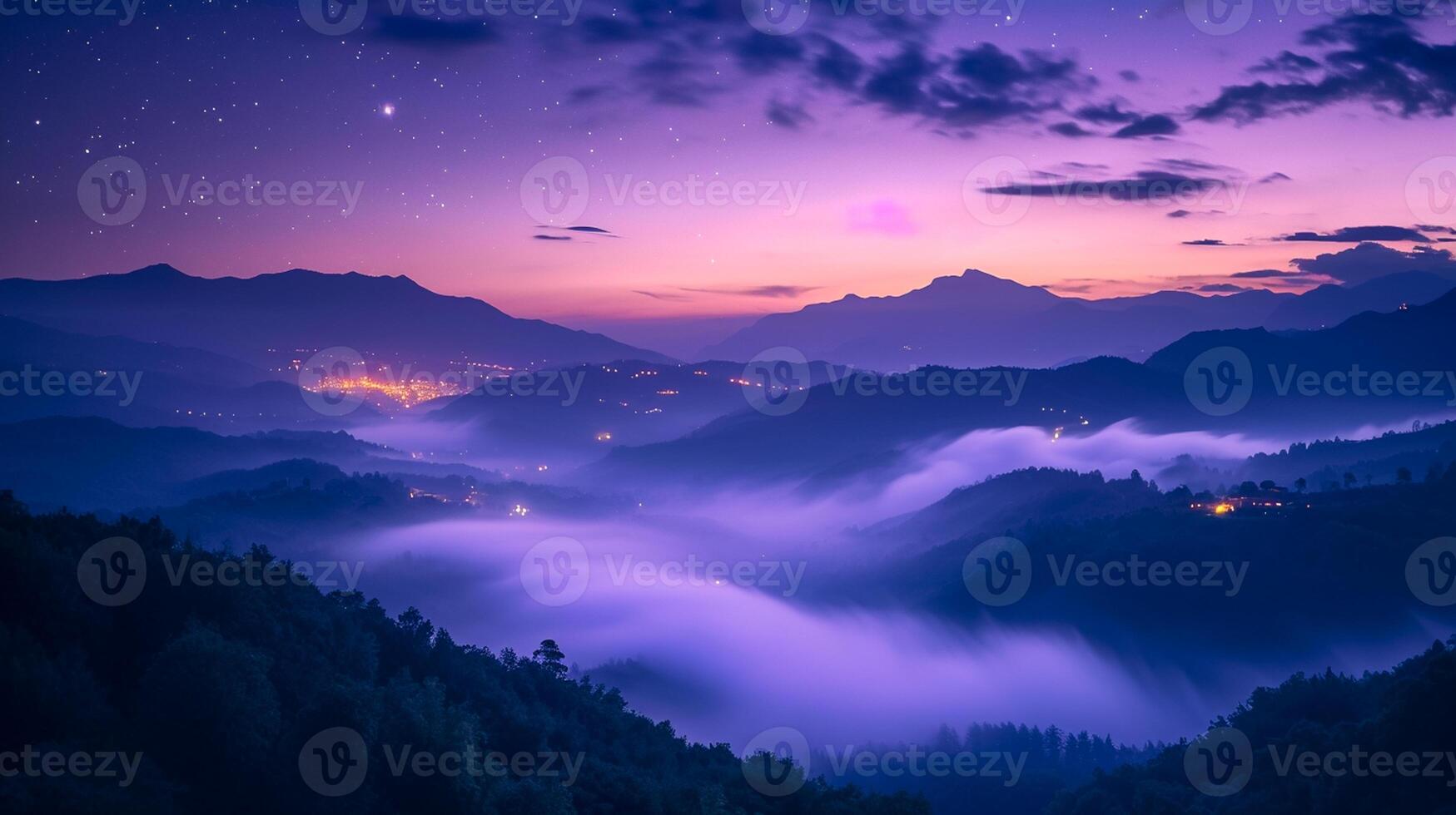 ai generado montañas en niebla en hermosa noche. paisaje con alto montaña valle, bajo nubes, bosque, púrpura cielo con estrellas, esclarecedor el ciudad a puesta de sol ai generado foto