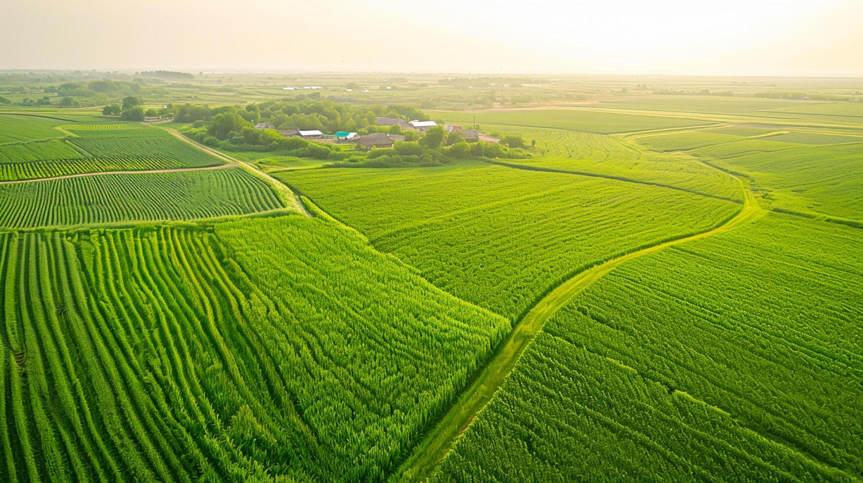 AI generated aerial view captures large, lush green field with crops planted in straight, parallel lines. The field is vibrant and well maintained, indicating healthy crop growth. Ai Generated photo