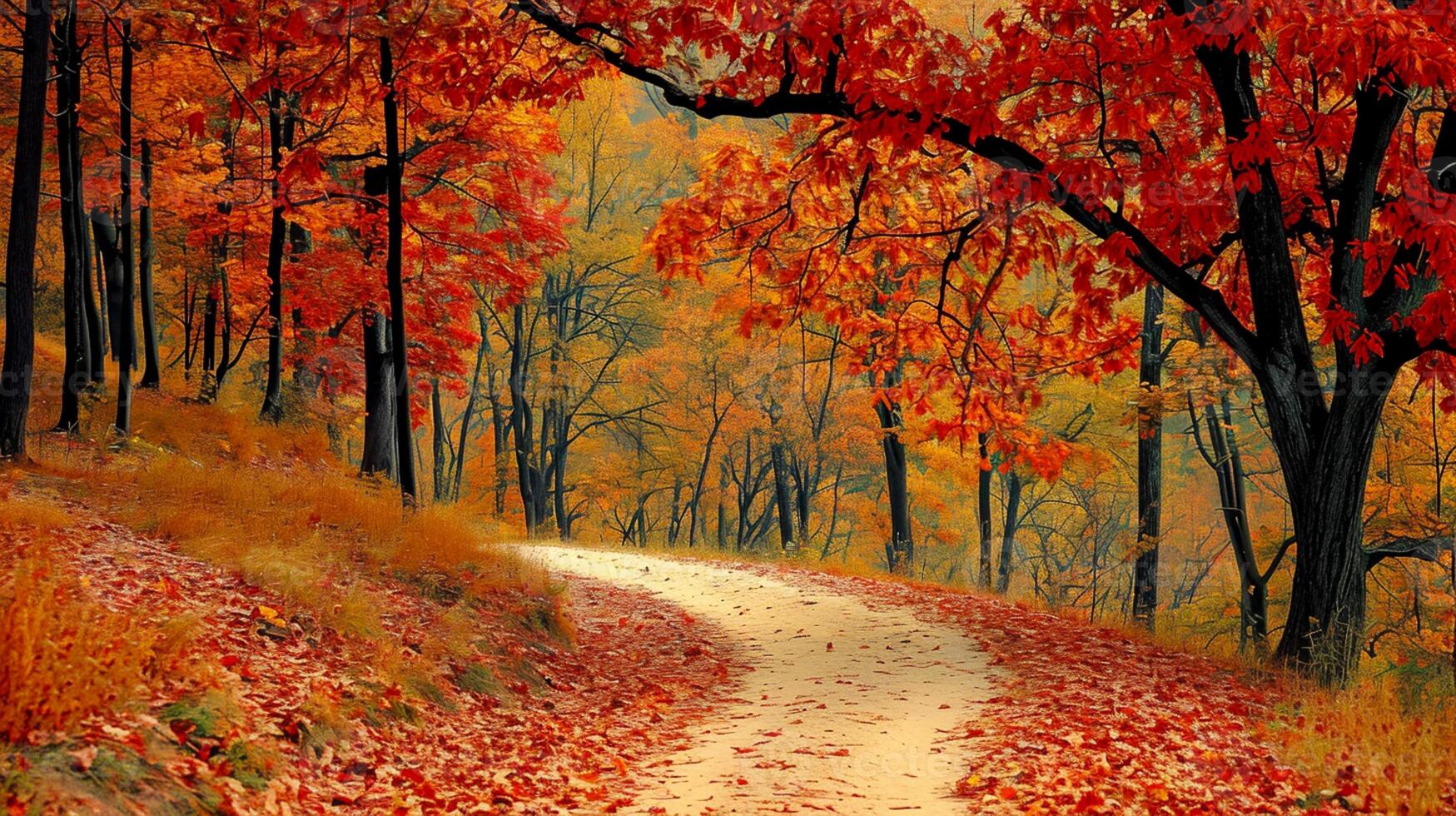 AI generated Photo of beautiful scene in forest. winding dirt path meanders through the middle of the surrounded by fallen leaves Ai Generated