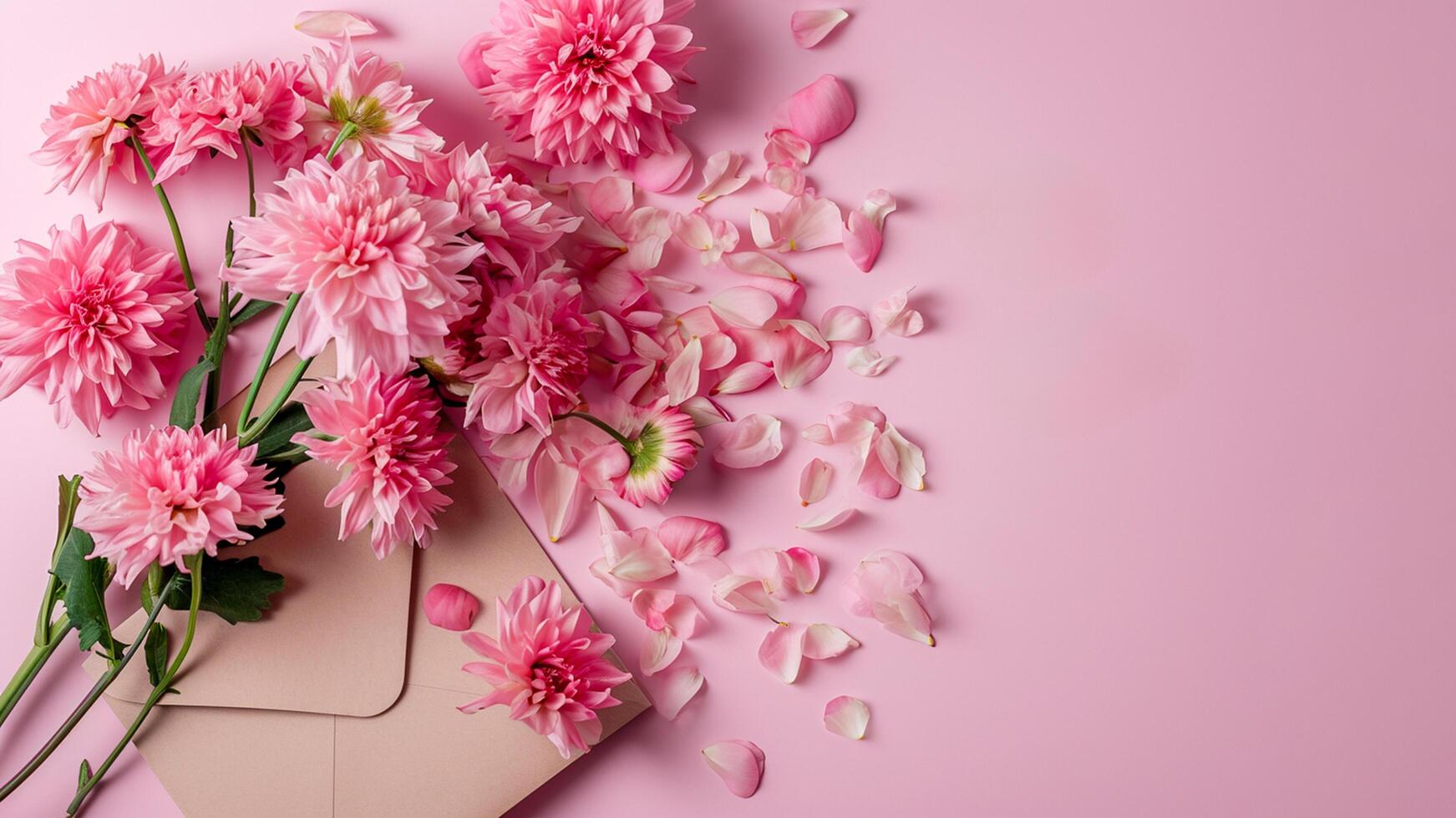 AI generated Pink flowers,petal envelope, on pastel pink background. Flat lay, top view, copy space Ai Generated photo