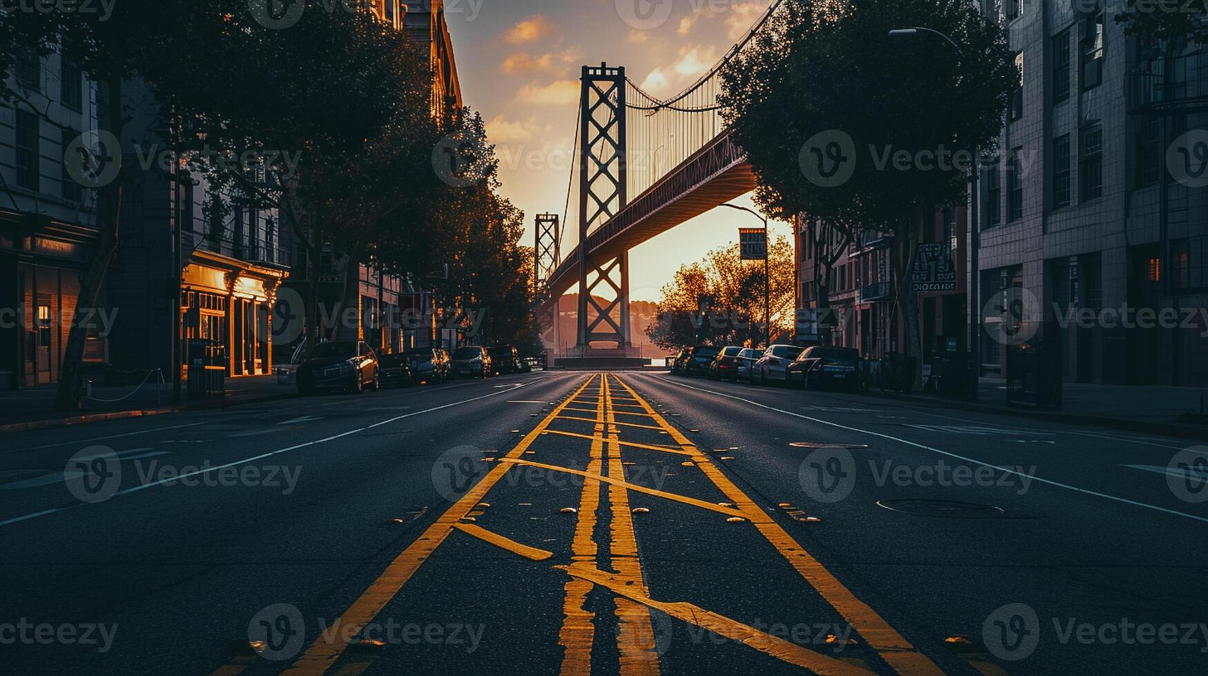 AI generated Beautiful view of large suspension bridge that extends across the frame, illuminated by the soft glow of the setting sun from the sunset Ai Generated photo