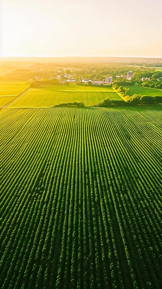 AI generated Aerial view countryside with emerald green fields cloudy sky showcasing the beauty of rural architecture. Ai Generated photo