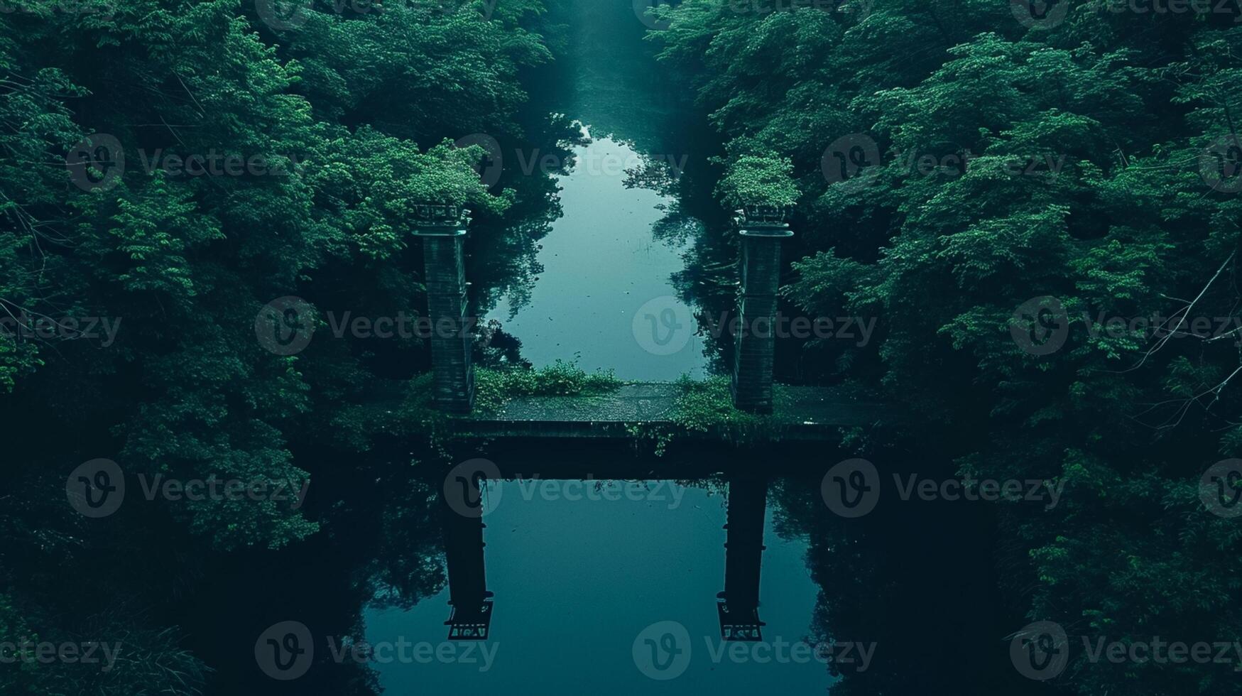 AI generated Photo of two symmetrical bridges crossing over dark river. The bridges should be identical and symmetrical, with intricate structural designs visible. Ai Generated