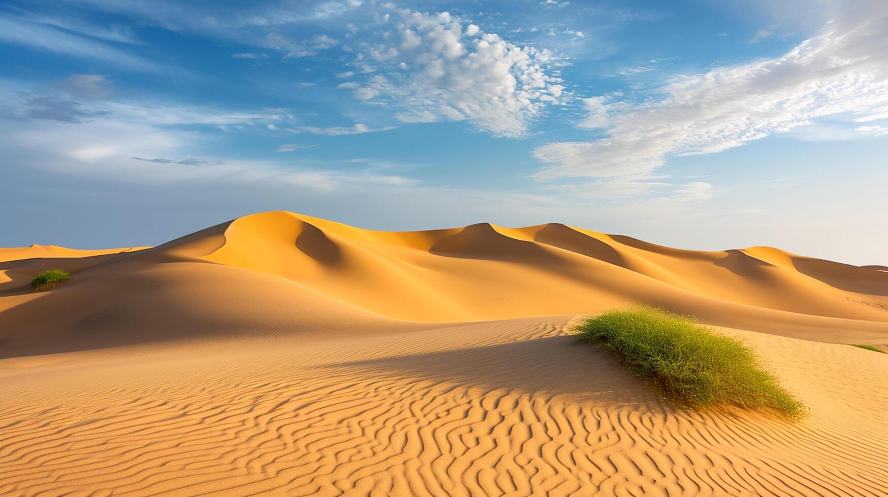 AI generated desert landscape smooth sand dunes rich golden tones of the sand with the soft blue sky. few green plants are visible in the foreground undisturbed natural scene Ai Generated photo