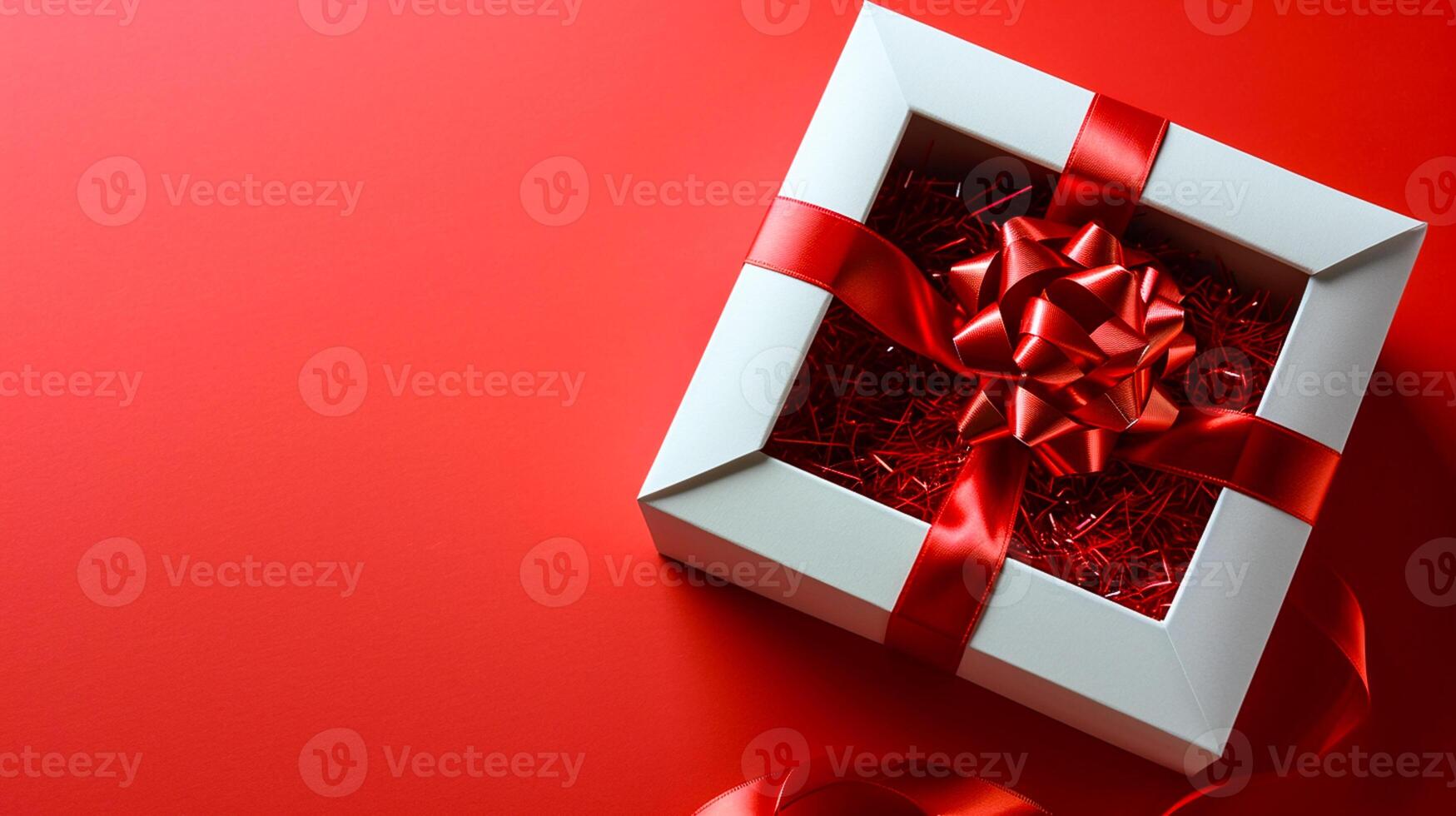 AI generated Red Elegance from Above 3D Top View Gift Box with Ribbon, Empty Space, Ai generated photo