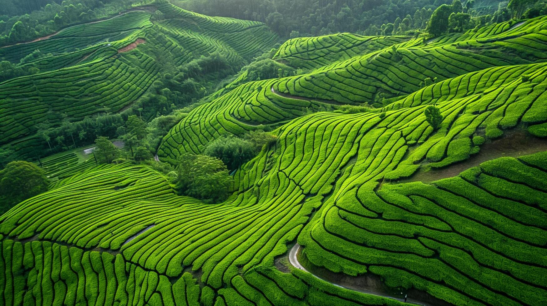 AI generated aerial view of vibrant green tea plantations is beautiful sight to behold. The plantations are organized in neat rows that form intricate patterns on the landscape. Ai Generated photo