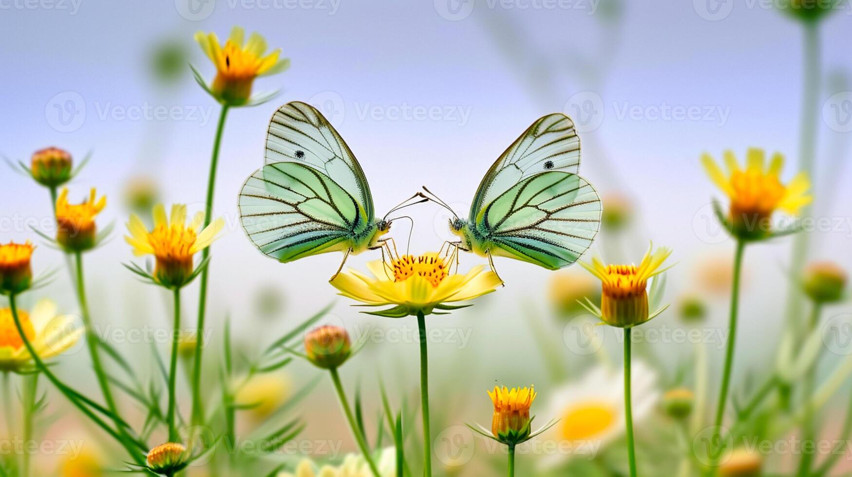 ai generado foto blanco mariposas con negro contornos en su alas, encaramado en vibrante amarillo flores el mariposas son rodeado por numeroso similar flores ai generado