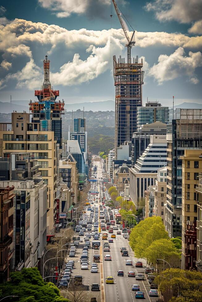 AI generated Photo of cityscape with street filled with moving cars. Buildings of different heights and designs flank both sides of the street. Ai Generated