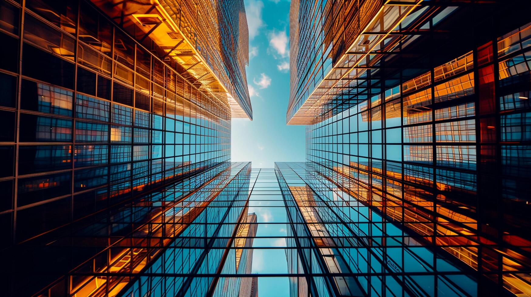 AI generated image shows low angle view of two tall buildings converging into the sky. Both buildings are made of reflective glass that mirrors the surrounding environment. Ai Generated photo