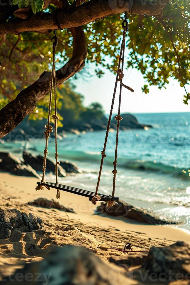 AI generated Close-up of swing on exotic tropical beach with view on ocean and coastline. Vacation concept, Sunny natural background Ai Generated photo