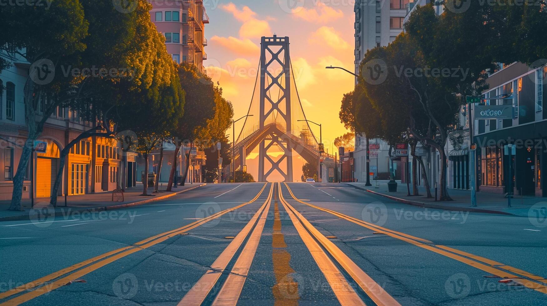 AI generated Beautiful view of large suspension bridge that extends across the frame, illuminated by the soft glow of the setting sun from the sunset Ai Generated photo