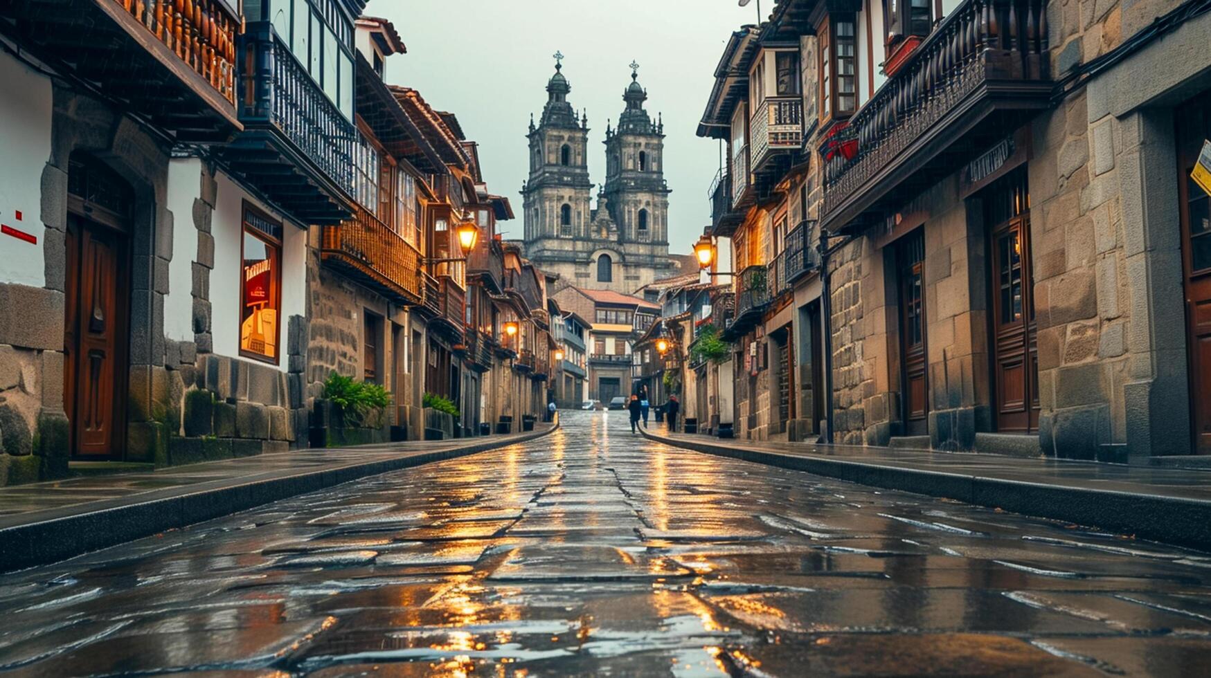 AI generated Photo cobblestone street lined with historic buildings leading towards an ornate cathedral. The buildings have rustic charm, featuring stone construction and wood balconies Ai Generated