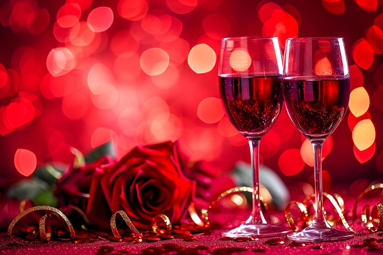 AI generated Valentine's day or Romantic concept. Two glasses vine with rose red bokeh background Ai generated photo