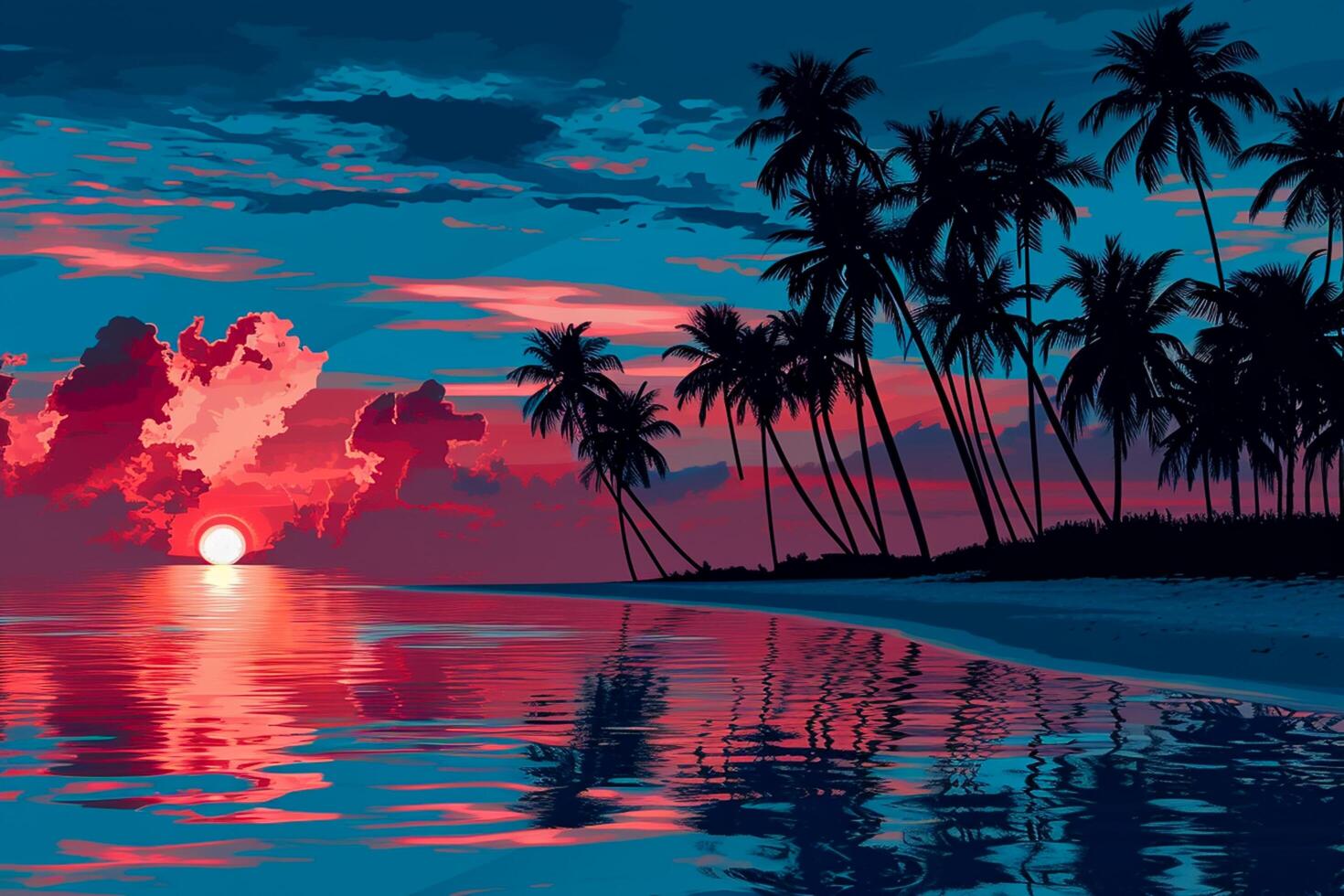 AI generated beautiful tropical sunset at beach with coconut trees, in the style of illustration for background, elements, poster Ai Generated photo