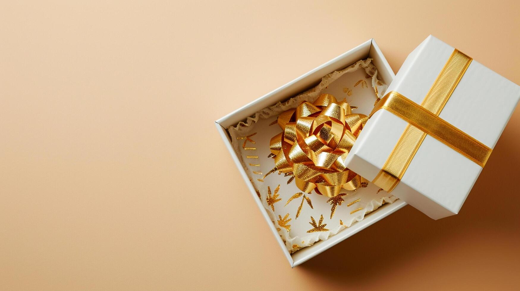 AI generated Golden Elegance Unveiled 3D Top View of Luxury Gift Box with Ribbon, Empty Space, Ai generated photo