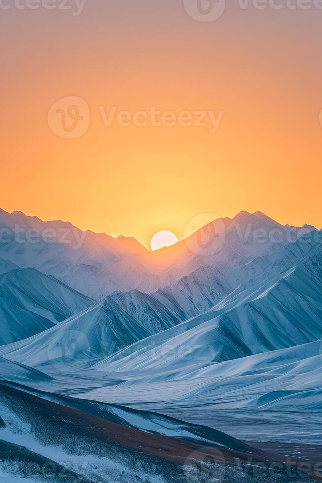 AI generated Sphoto beautiful scenery of high rocky mountains covered with snow under the breathtaking sky, suns from the sunset, Minimalist style Ai Generated photo