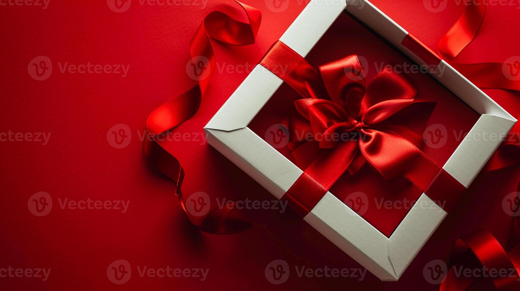 AI generated Red Elegance from Above 3D Top View Gift Box with Ribbon, Empty Space, Ai generated photo