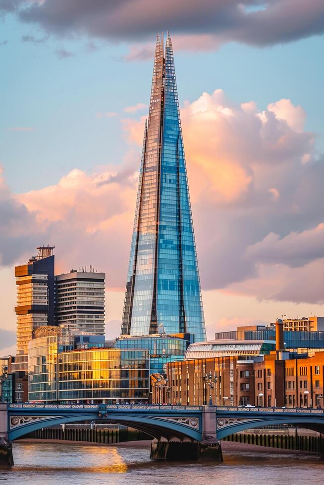 AI generated The Shard renowned skyscraper in London, standing tall against partly cloudy sky. The Shard is constructed with glass panels that reflect the surrounding environment. Ai Generated photo