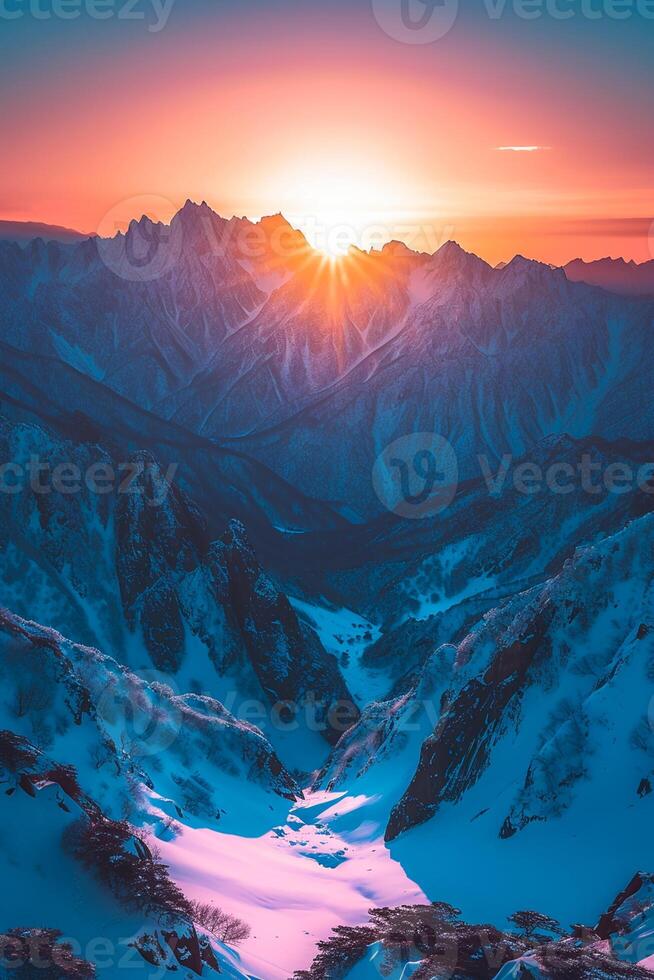 AI generated Sphoto beautiful scenery of high rocky mountains covered with snow under the breathtaking sky, suns from the sunset, Minimalist style Ai Generated photo