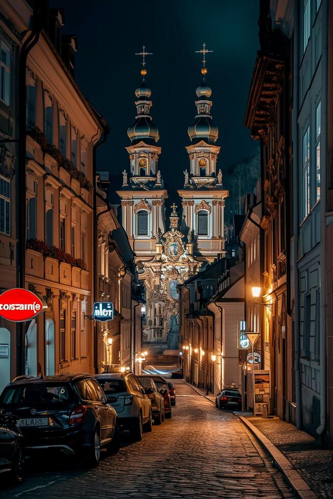 ai generado imagen de hermosamente iluminado barroco estilo iglesia, anidado Entre clásico arquitectónico edificios en guijarro calle a noche ai generado foto