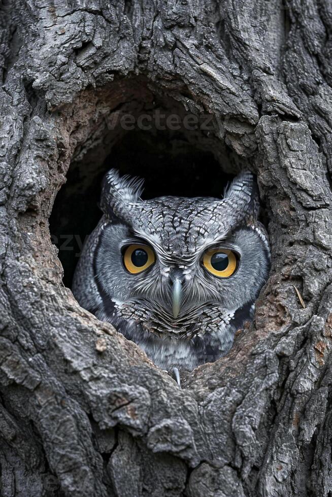 AI generated owl peeking out from a dark hole in a tree Ai generated photo