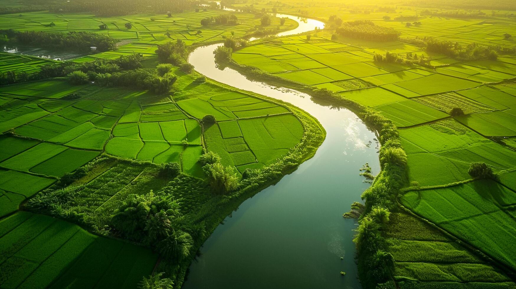 AI generated lush green landscape intersected by calm river, the sun casting long shadows. The river should meander through the landscape, reflecting the sky and surrounding greenery Ai Generated photo