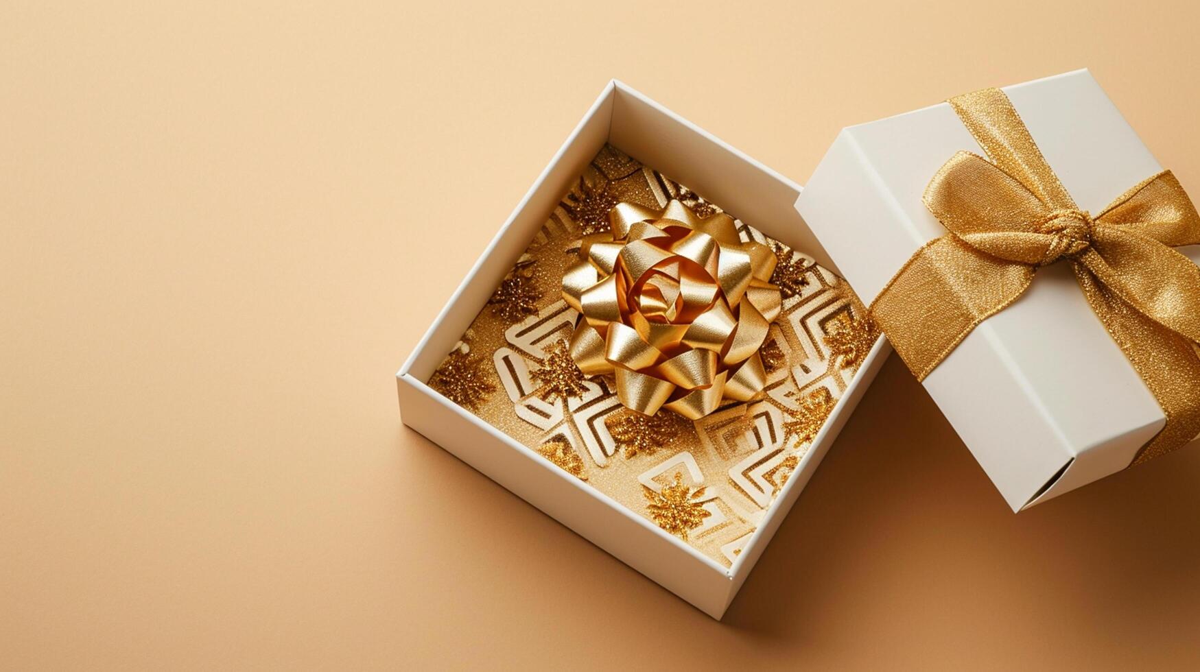 AI generated Golden Present Top View of 3D Luxury Gift Box with Ribbon, Empty Space, Ai generated photo