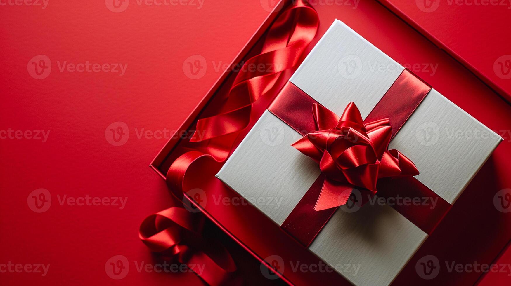 AI generated Red Elegance from Above 3D Top View Gift Box with Ribbon, Empty Space, Ai generated photo