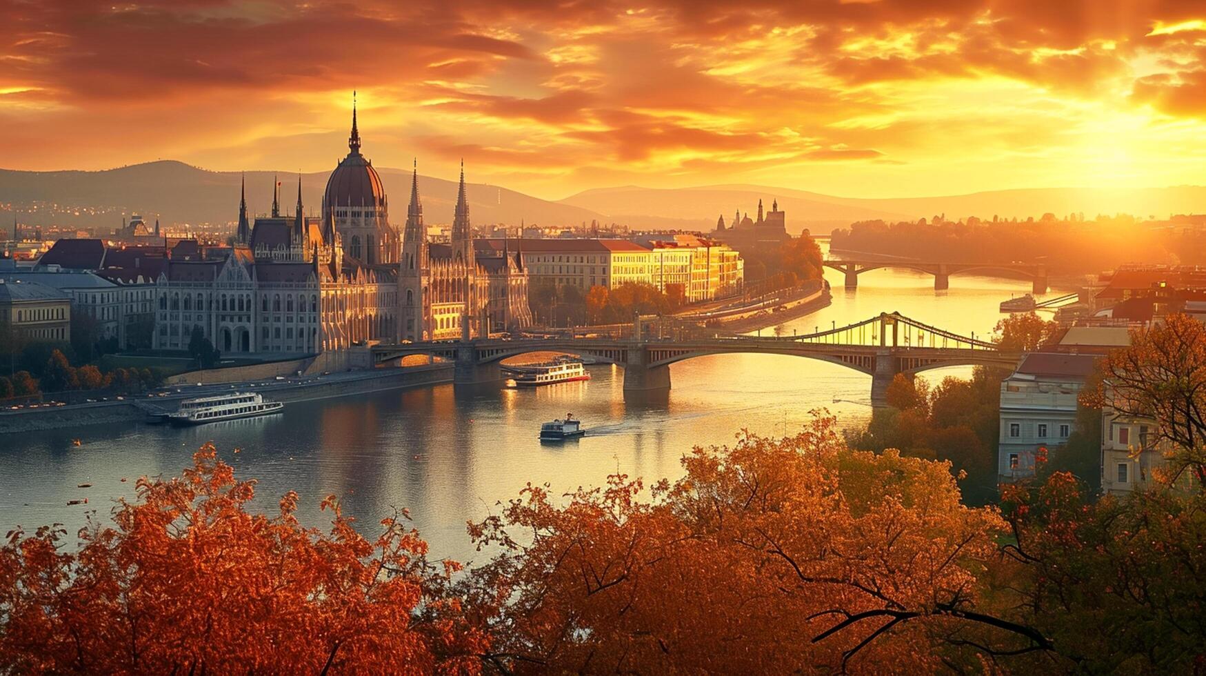 ai generado imagen de escénico ver de ciudad con prominente arquitectónico estructura, puente terminado río, y el rodeando paisaje bañado en el calentar resplandor de puesta de sol ai generado foto