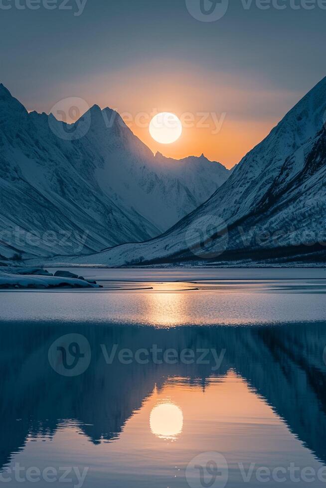 AI generated Sphoto beautiful scenery of high rocky mountains covered with snow under the breathtaking sky, suns from the sunset, Minimalist style Ai Generated photo