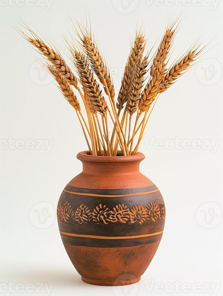 AI generated image features vase with wheat stalks protruding from its opening. The vase is two toned, with the upper part being lighter shade of brown and the lower part darker Ai Generated photo