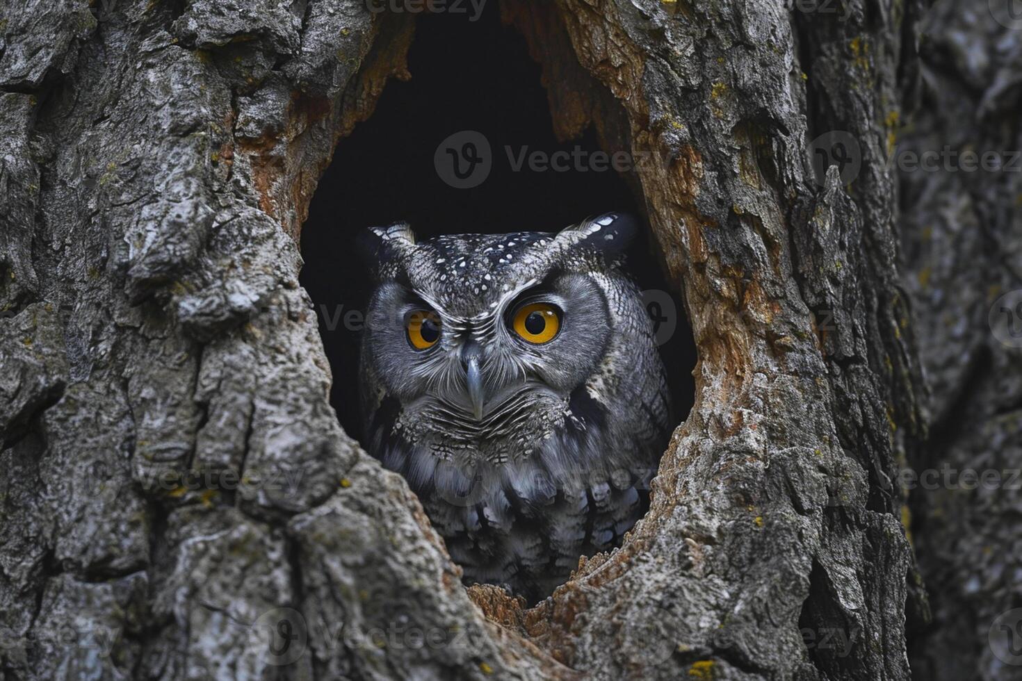 AI generated owl peeking out from a dark hole in a tree Ai generated photo