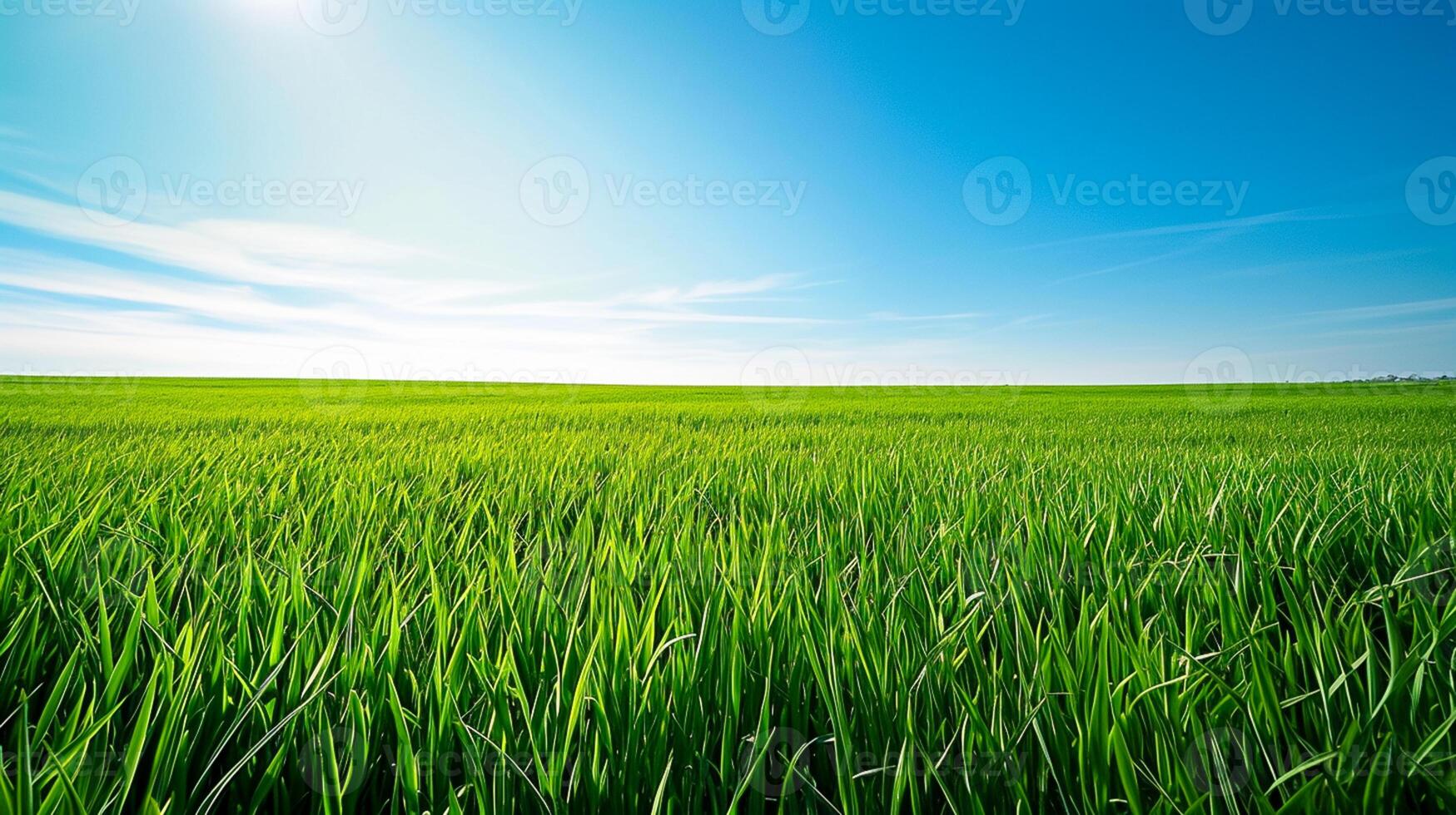 AI generated image of vast, lush green field under bright, clear sky. The grass is vibrant and well lit by the sunlight. In the background with minimal clouds and airy atmosphere Ai Generated photo