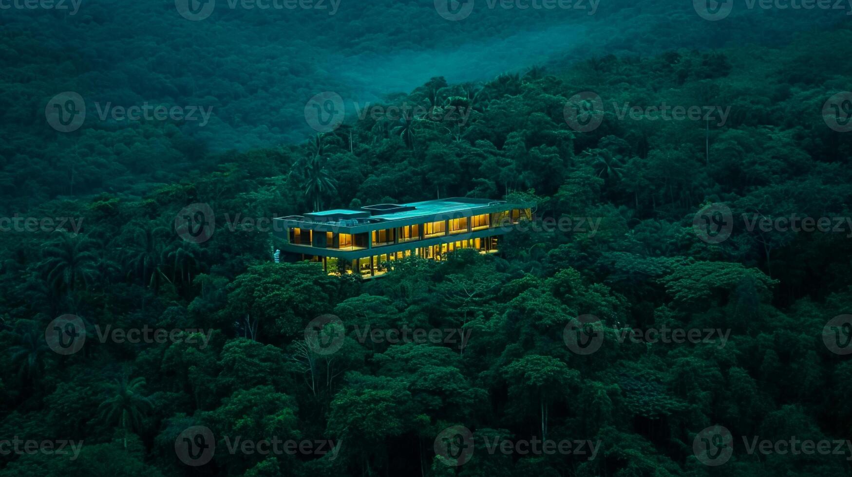 AI generated serene image depicts modern building located in the middle of dense forest. The building is contrasting with the darker surroundings Ai Generated photo