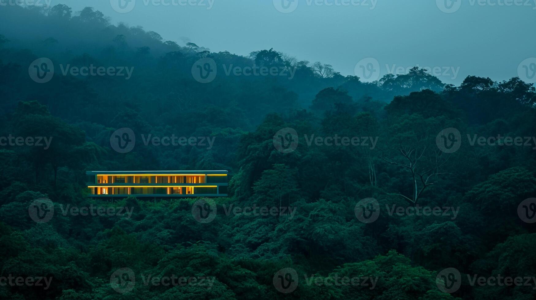 AI generated serene image depicts modern building located in the middle of dense forest. The building is contrasting with the darker surroundings Ai Generated photo