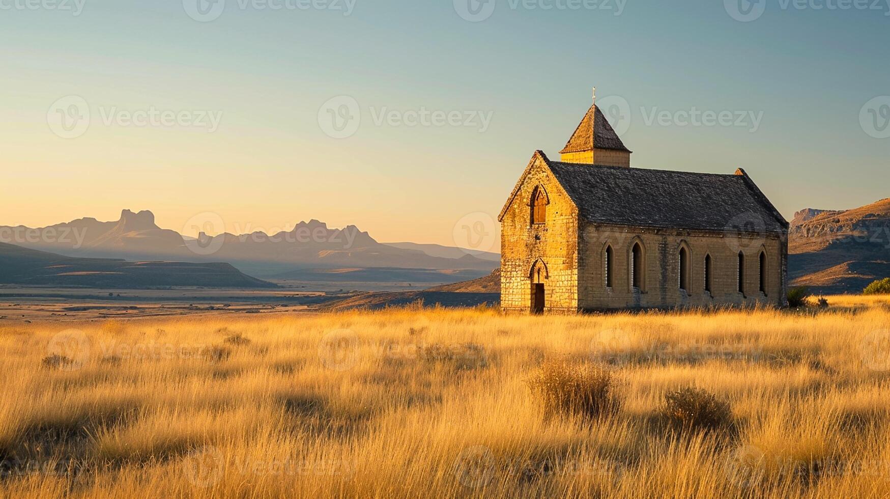 AI generated Photo of an ancient, isolated church surrounded by vast field with mountains in the backdrop. The church built with beige stones, mountains In the background Ai Generated