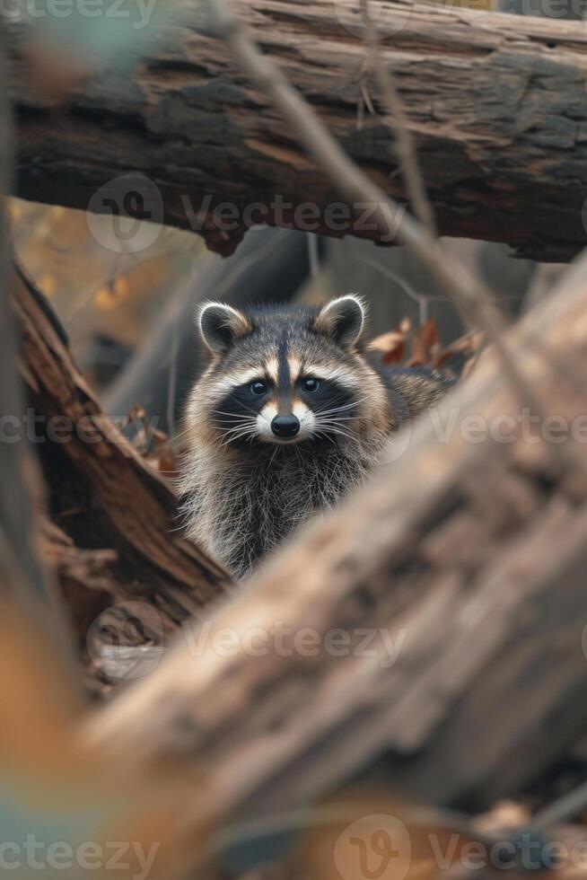 ai generado mapache en un natural configuración, rodeado por registros y follaje ai generado foto