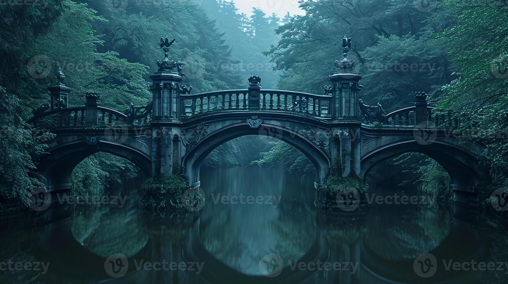 AI generated Photo of two symmetrical bridges crossing over dark river. The bridges should be identical and symmetrical, with intricate structural designs visible. Ai Generated