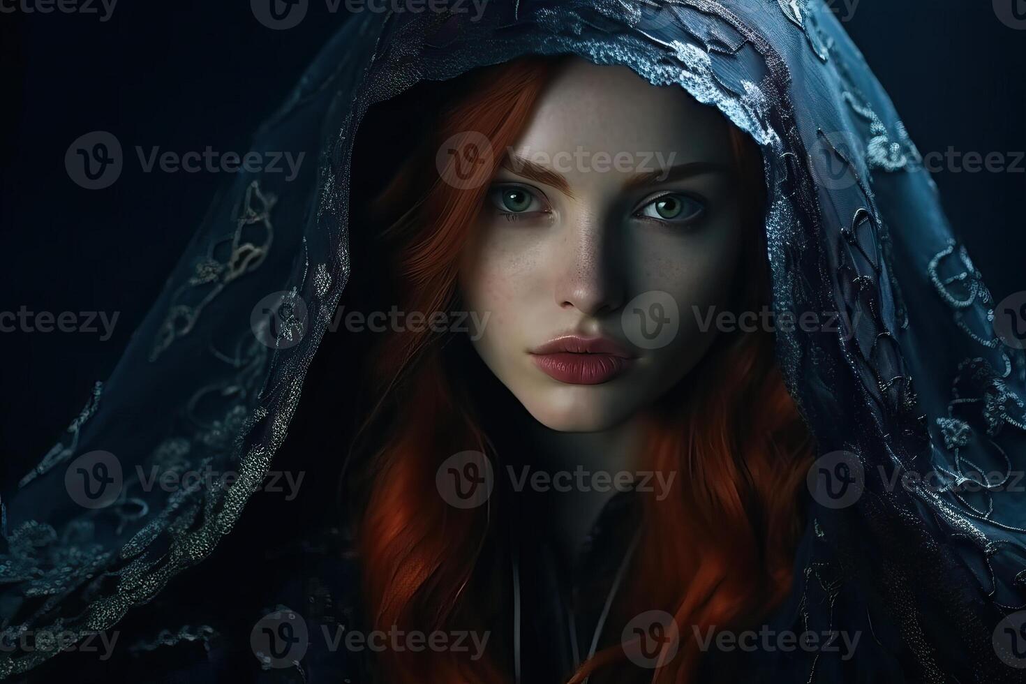 Gothic red-haired witch in medieval dress with vampire girl photo