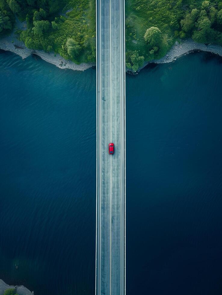 ai generado aéreo ver capturas largo puente ese estiramientos a través de oscuro azul cuerpo de agua ai generado foto