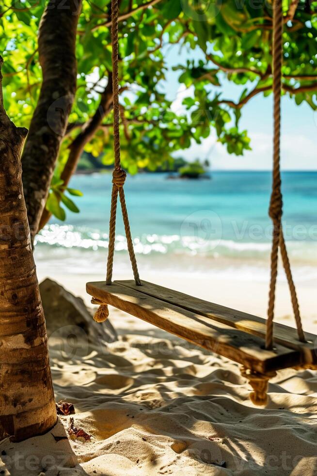 AI generated Close-up of swing on exotic tropical beach with view on ocean and coastline. Vacation concept, Sunny natural background Ai Generated photo