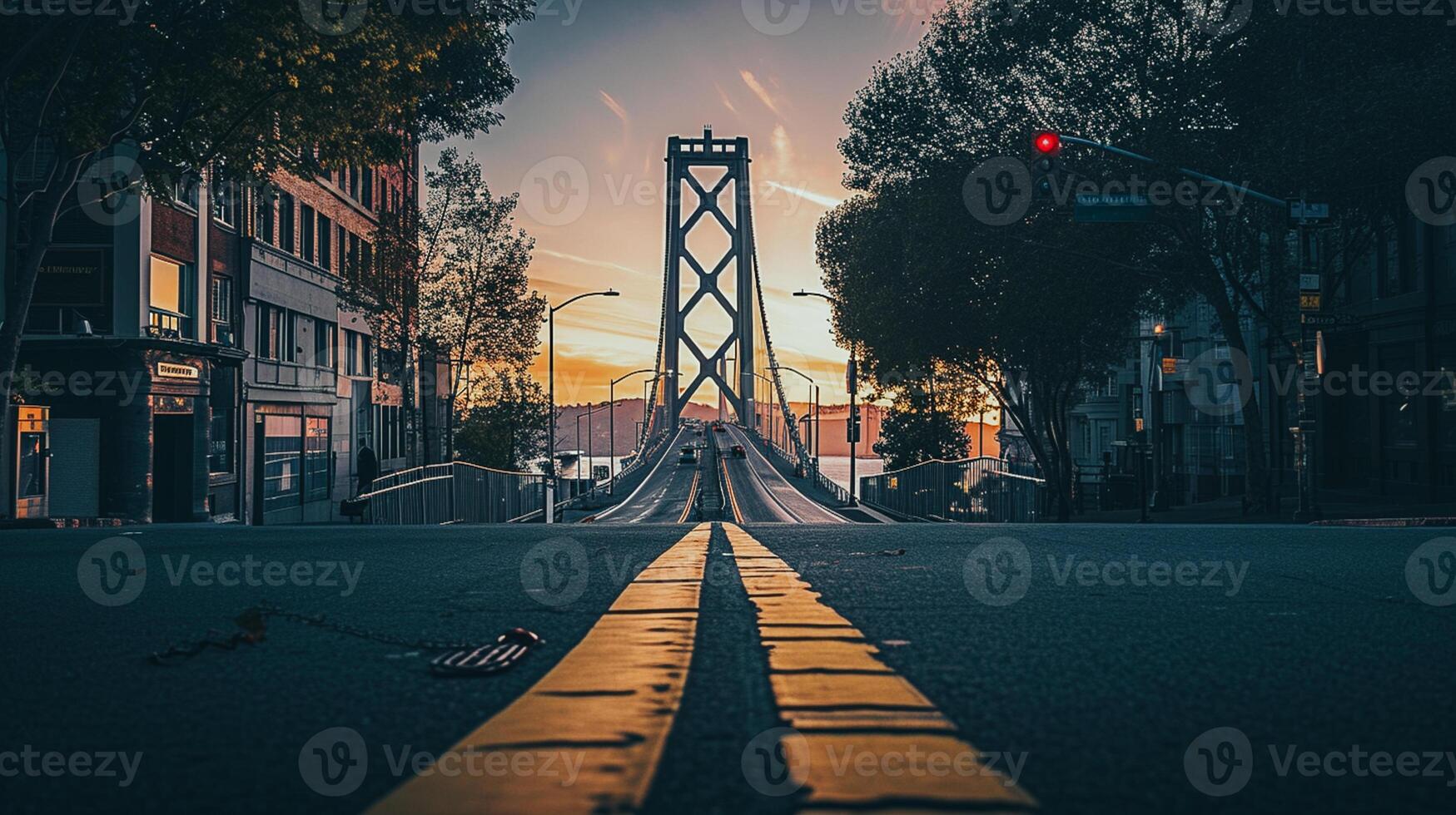 AI generated Beautiful view of large suspension bridge that extends across the frame, illuminated by the soft glow of the setting sun from the sunset Ai Generated photo