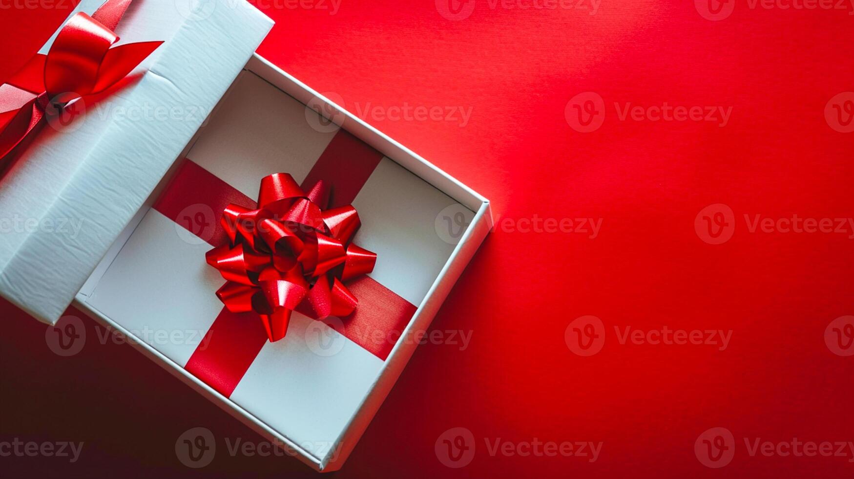 ai generado elegante rojo regalo presentación 3d lujo regalo caja, oro cinta, parte superior vista, ai generado foto